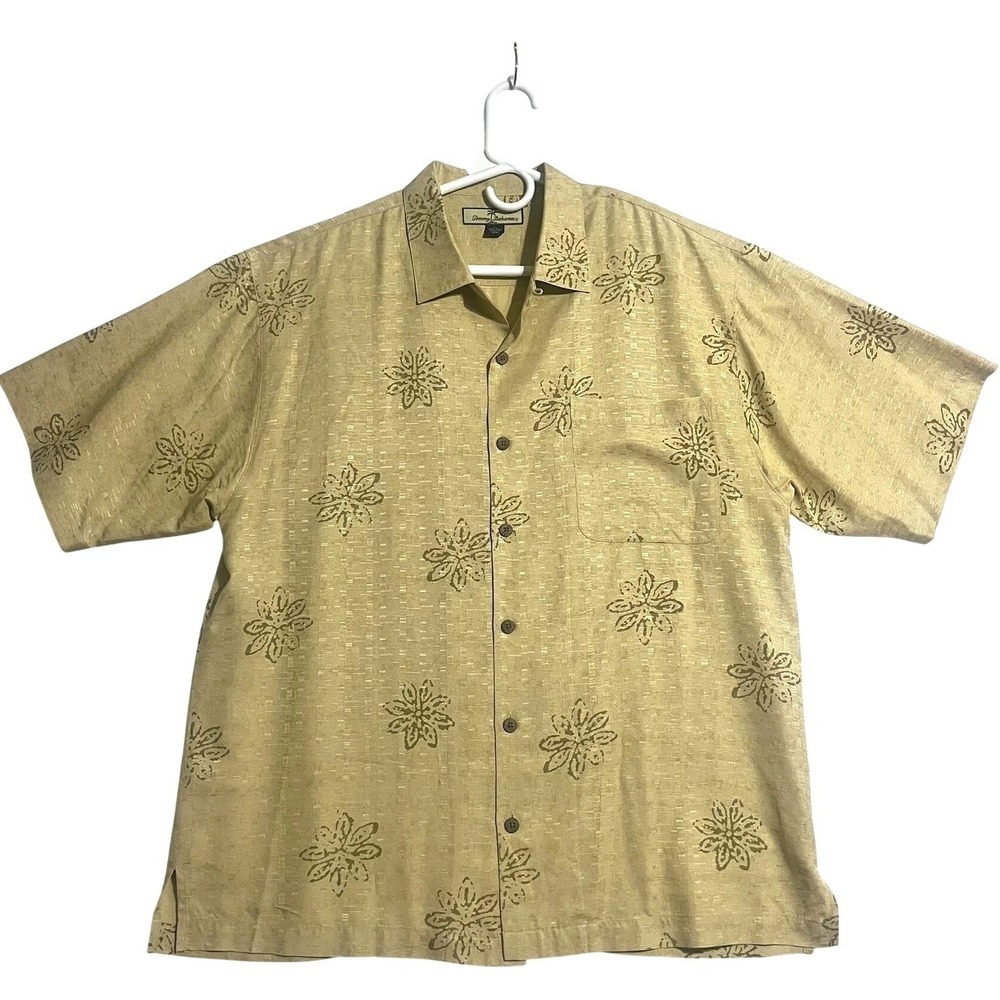 Tommy Bahama Silk Camp Shirt Size L Tan Floral Print Coconut Buttons